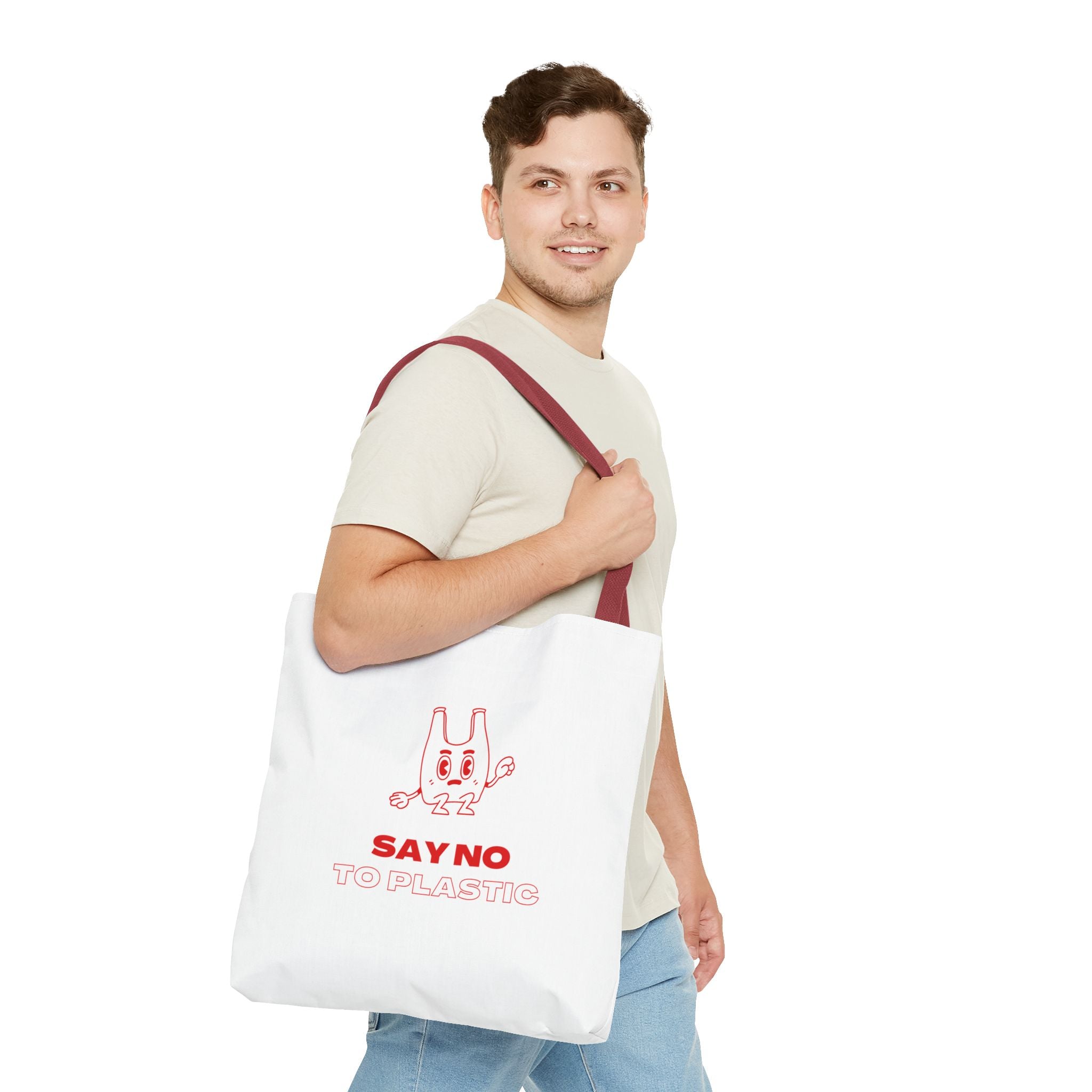 Eco-Friendly Tote Bag - Say No to Plastic, Reusable Shopping Bag, Soft White Bag, Red