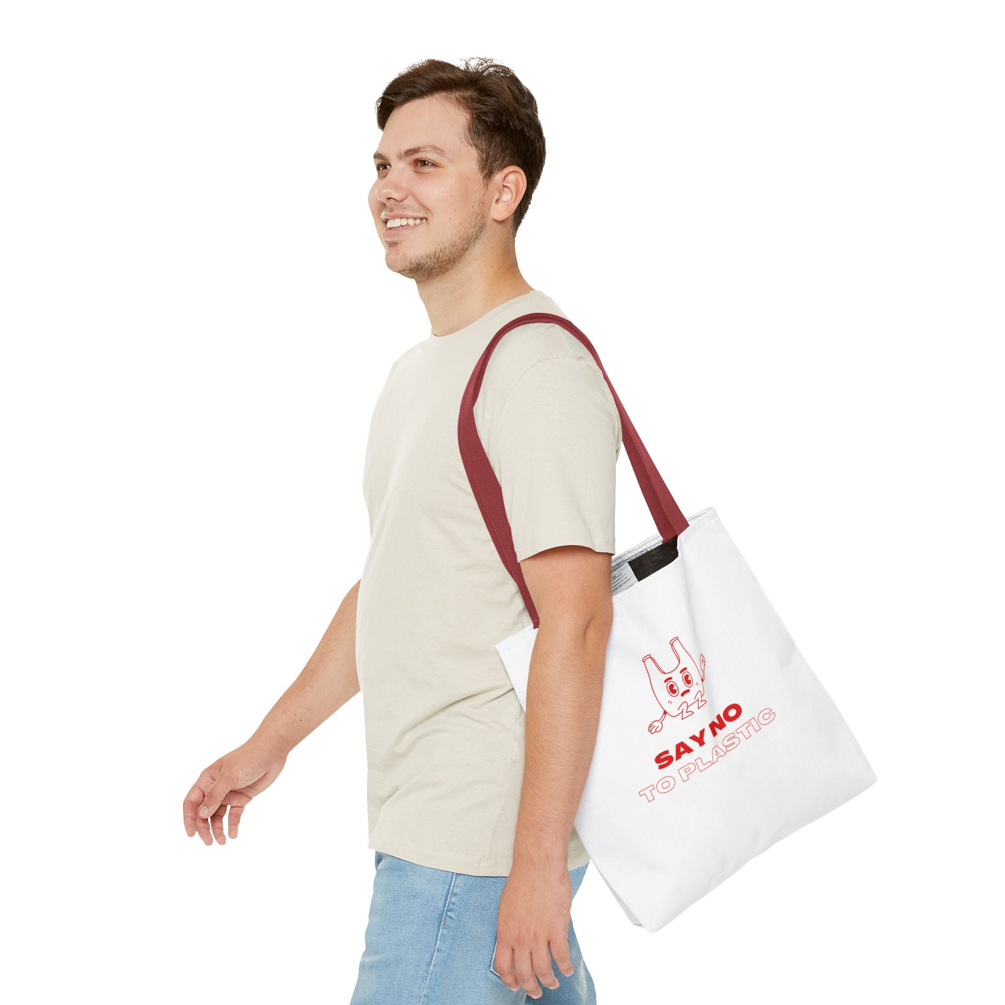 Eco-Friendly Tote Bag - Say No to Plastic, Reusable Shopping Bag, Soft White Bag, Red