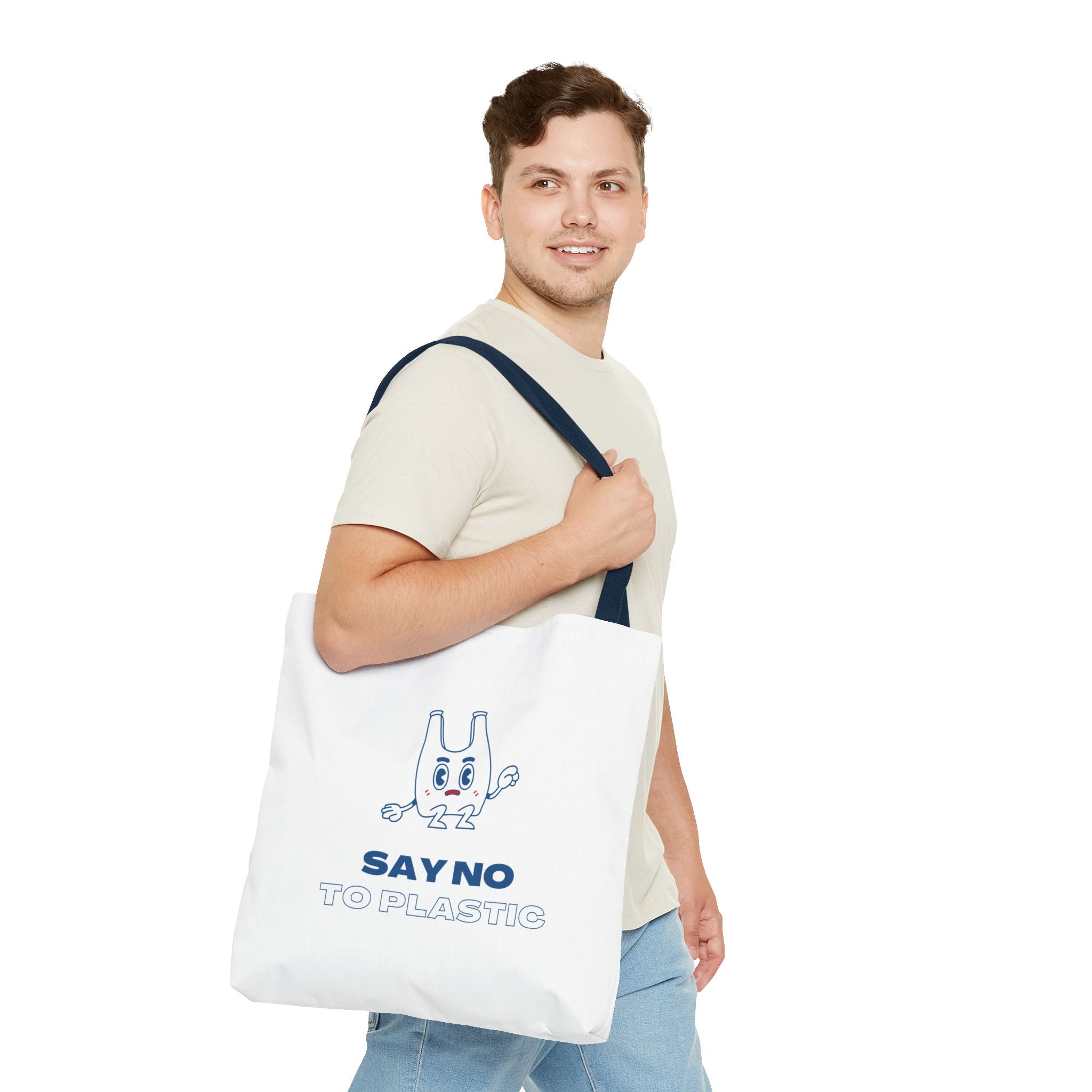 Eco-Friendly Tote Bag - Say No to Plastic, Reusable Shopping Bag, Soft White Bag, Blue