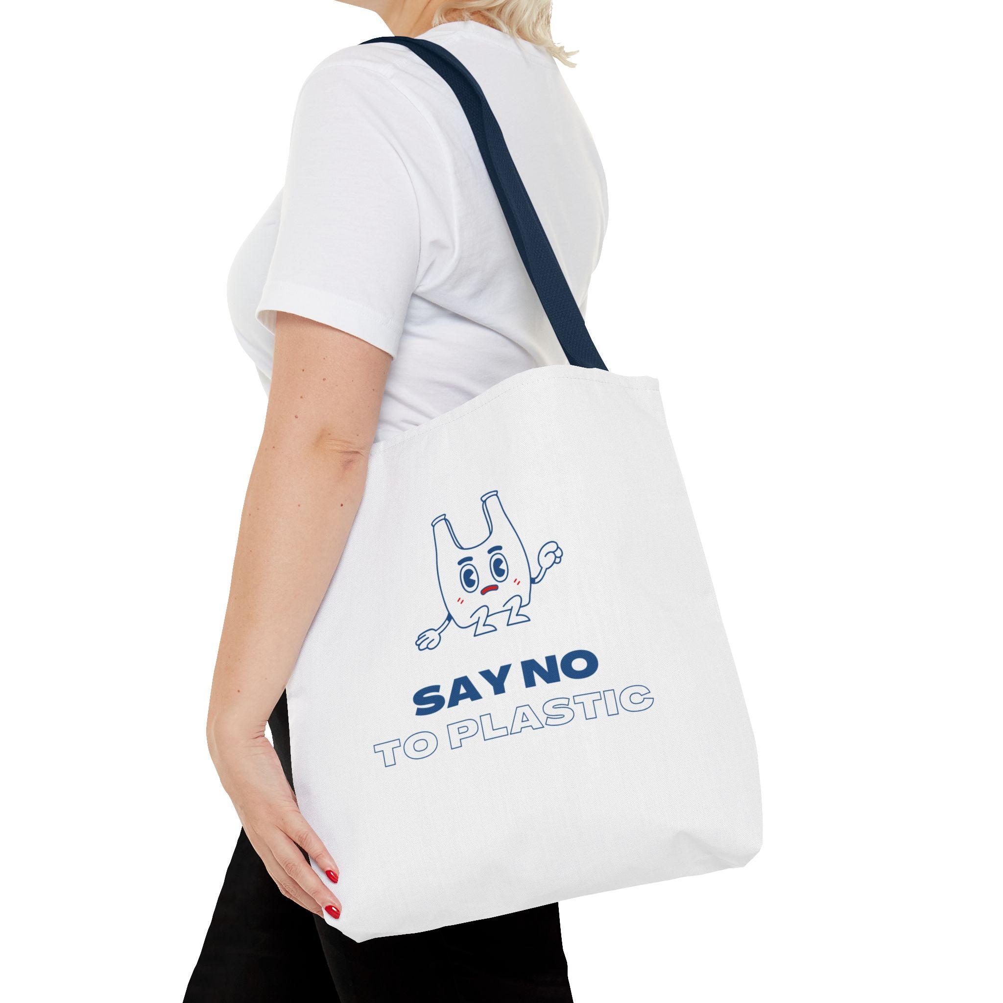 Eco-Friendly Tote Bag - Say No to Plastic, Reusable Shopping Bag, Soft White Bag, Blue