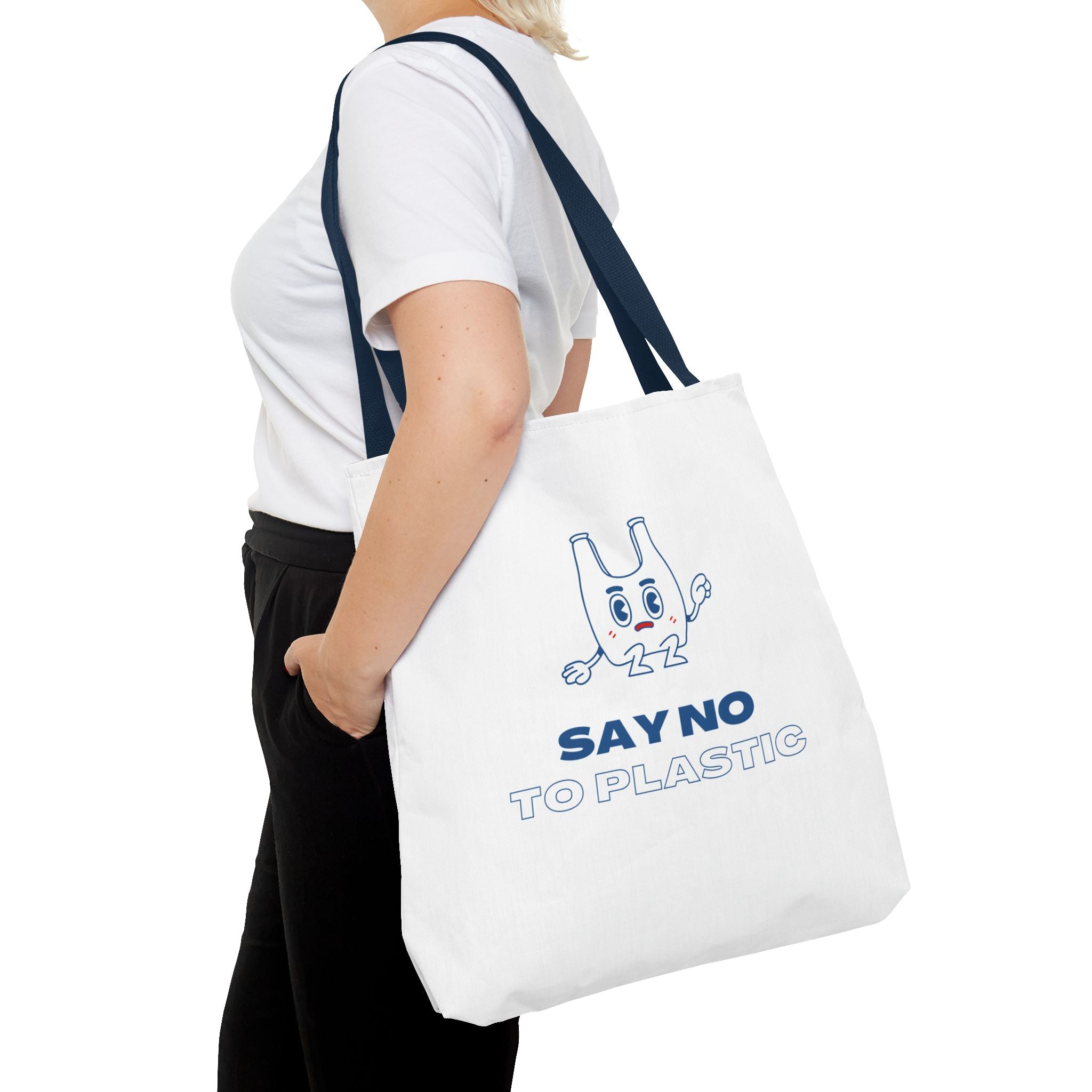 Eco-Friendly Tote Bag - Say No to Plastic, Reusable Shopping Bag, Soft White Bag, Blue