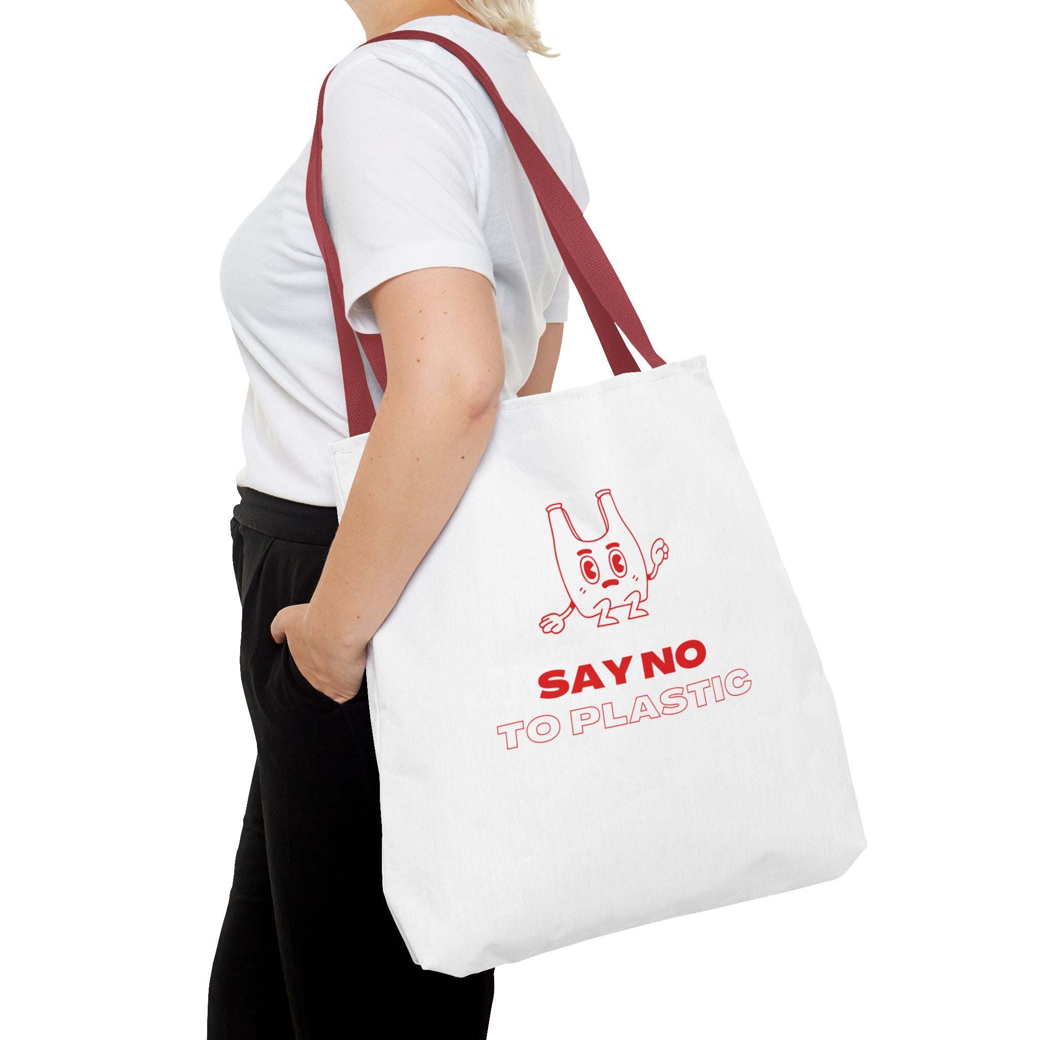 Eco-Friendly Tote Bag - Say No to Plastic, Reusable Shopping Bag, Soft White Bag, Red