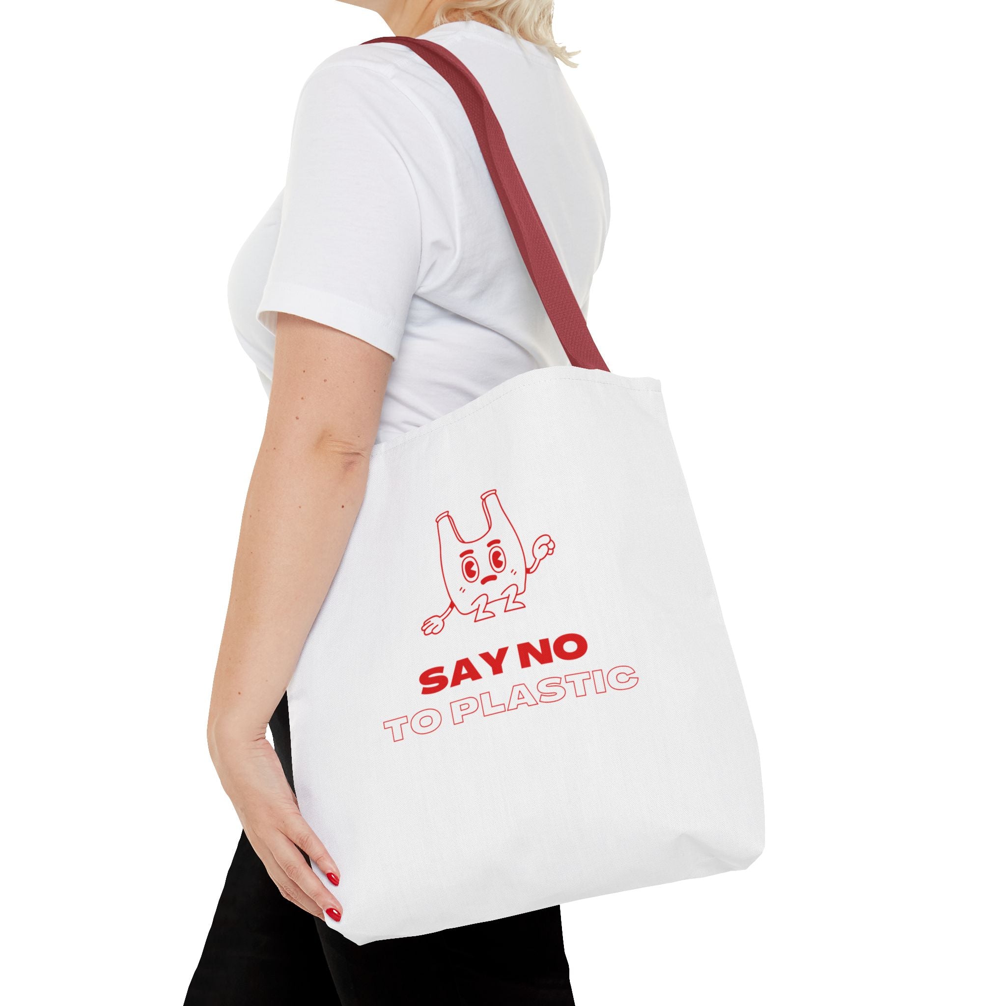 Eco-Friendly Tote Bag - Say No to Plastic, Reusable Shopping Bag, Soft White Bag, Red