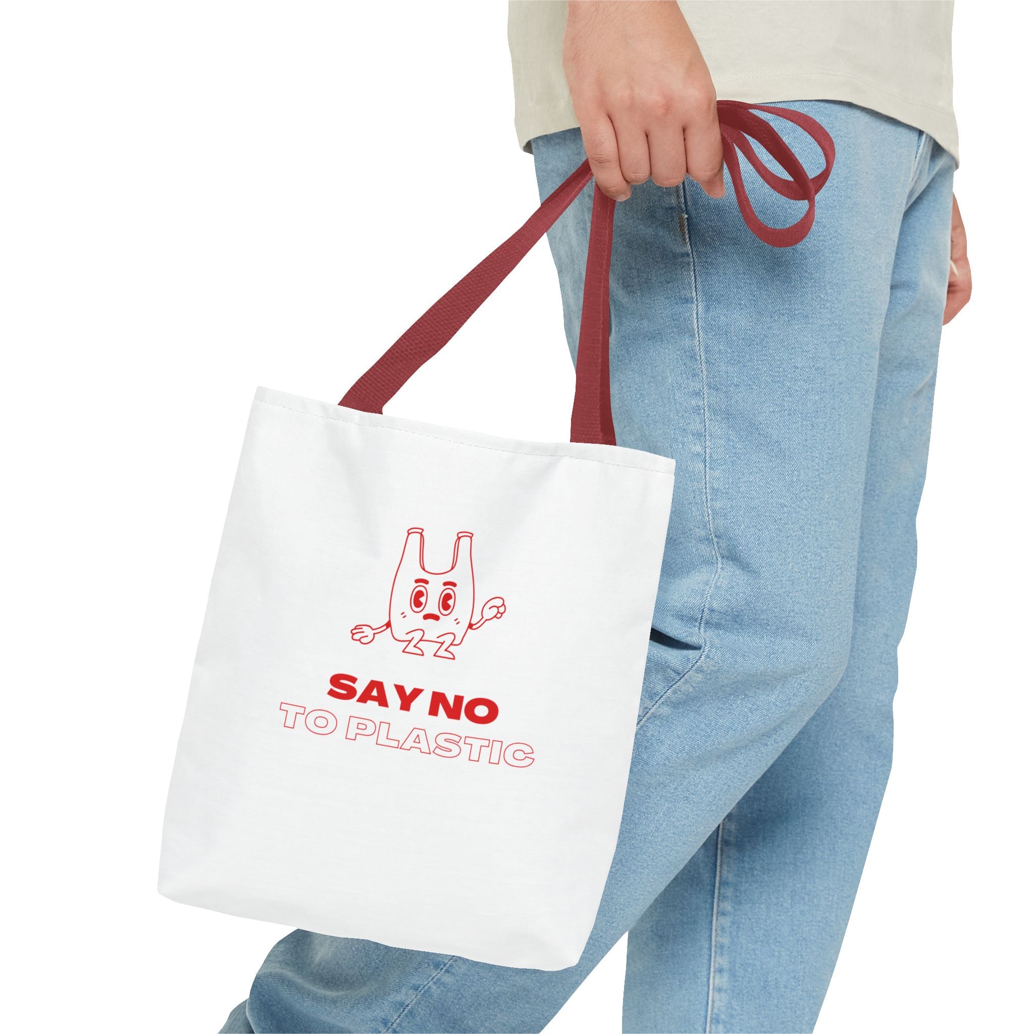 Eco-Friendly Tote Bag - Say No to Plastic, Reusable Shopping Bag, Soft White Bag, Red