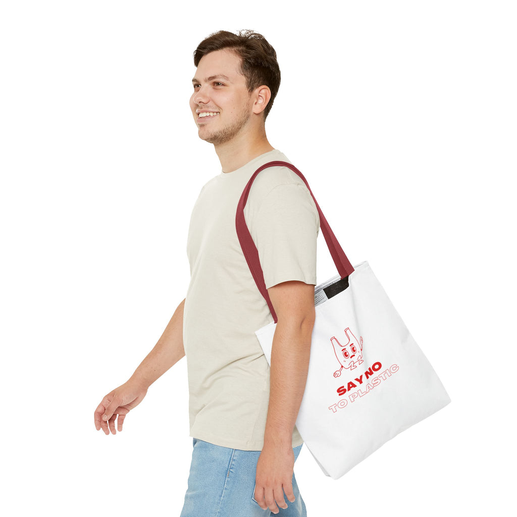 Eco-Friendly Tote Bag - Say No to Plastic, Reusable Shopping Bag, Soft White Bag, Red